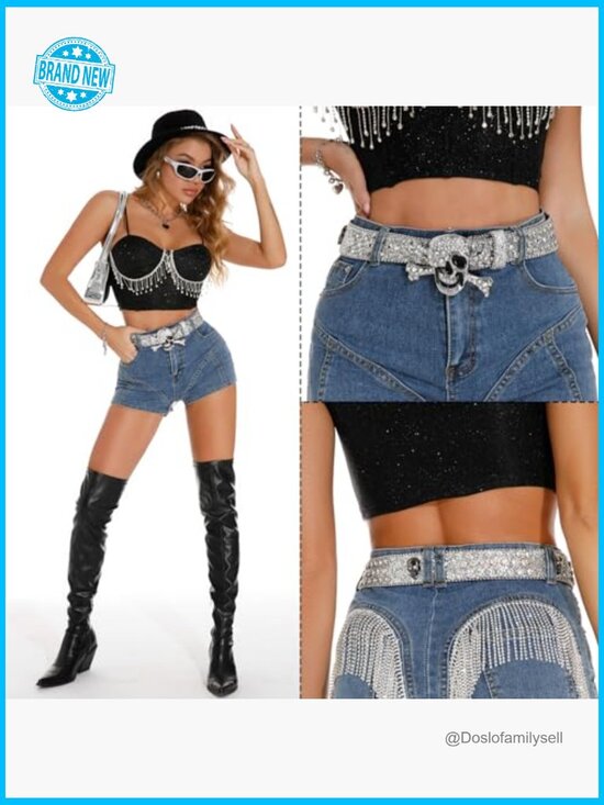 Rhinestone Skull Belt Punk Studded Western Adjustable Leather Y2K main image 4